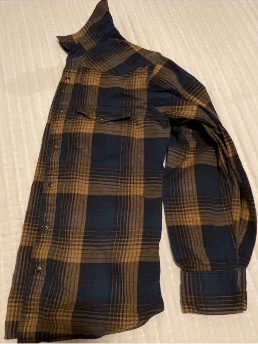 Filson Navy Black Watch Plaid Flannel Shirt. Snap front closure
